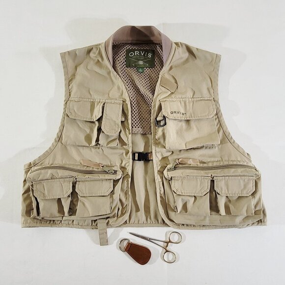 ORVIS Mens M Fishing Vest Fly Fishing Pockets w/ Orvis Forceps & Leader Straight - Picture 1 of 4